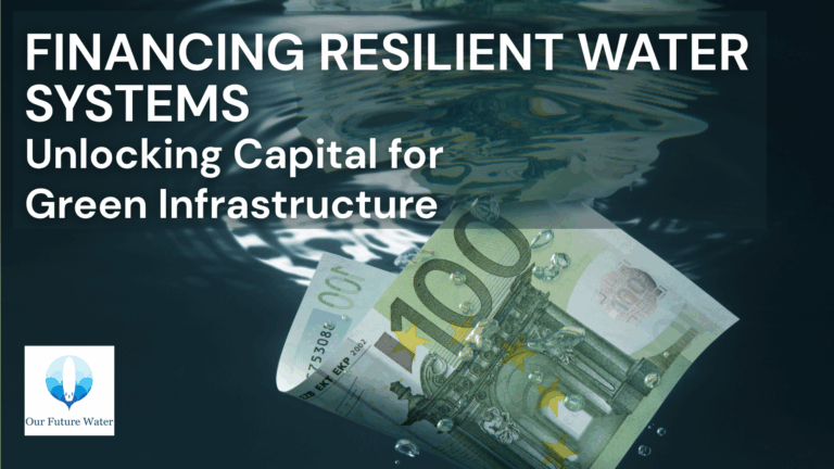 A digital graphic with the title “Financing Resilient Water Systems: Unlocking Capital for Green Infrastructure.” The background features a €100 euro banknote submerged underwater with air bubbles rising around it, symbolizing investment in water-related green infrastructure. The logo of “Our Future Water” appears in the bottom left corner, showing a stylized water droplet merging with waves. The overall tone suggests sustainable finance and water resilience.