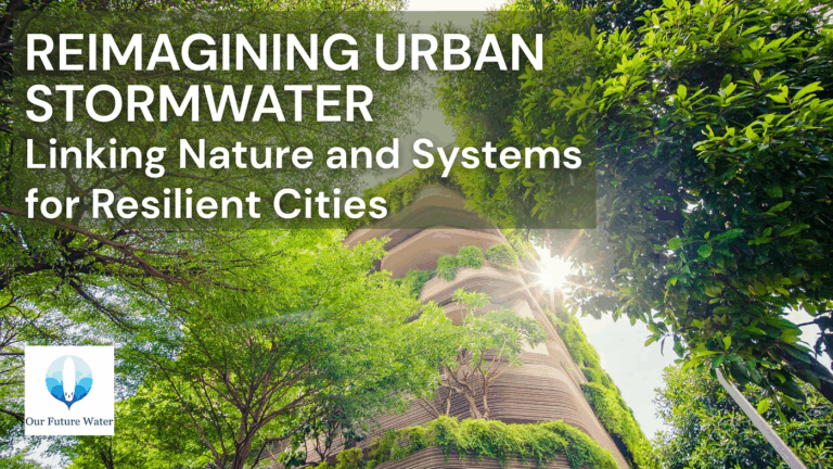 A green urban park with a modern water feature representing nature-based solutions for reimagining urban water systems.