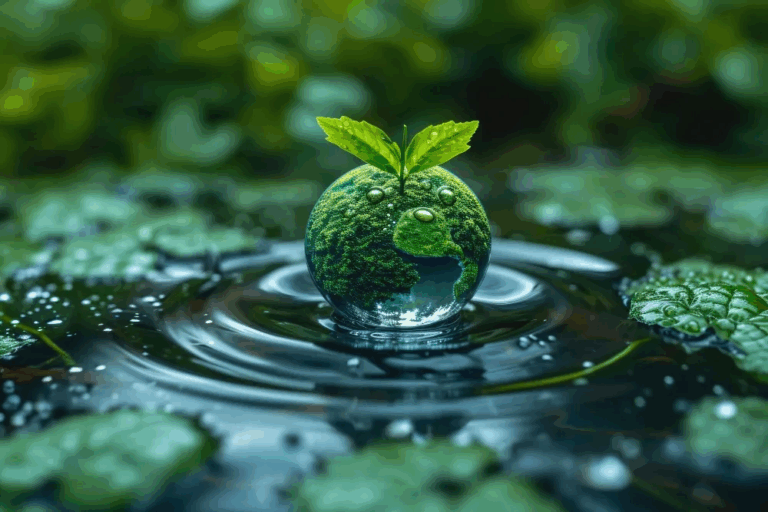 A symbolic image of a green Earth-like sphere covered in moss with leaves sprouting on top, floating on water with ripples, representing the water-food nexus and circular economy.