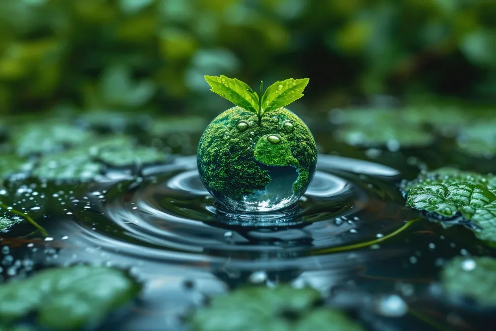 A symbolic image of a green Earth-like sphere covered in moss with leaves sprouting on top, floating on water with ripples, representing the water-food nexus and circular economy.