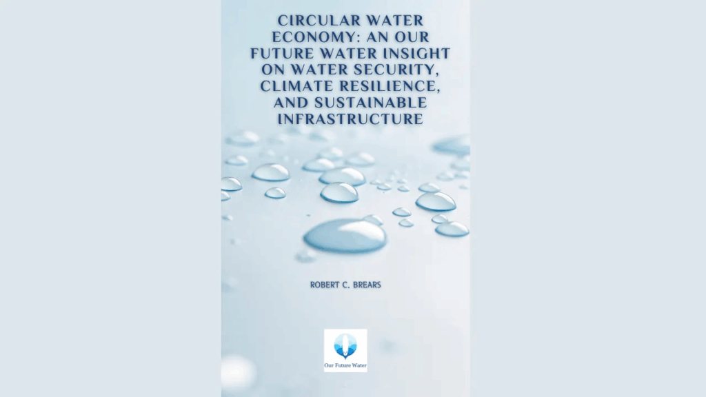 Book cover of “Circular Water Economy: An Our Future Water Insight on Water Security, Climate Resilience, and Sustainable Infrastructure” by Robert C. Brears, featuring water droplets on a light blue background.