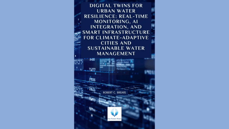 Book cover of “Digital Twins for Urban Water Resilience: Real-Time Monitoring, AI Integration, and Smart Infrastructure for Climate-Adaptive Cities and Sustainable Water Management” by Robert C. Brears, featuring a digital cityscape with data overlays.