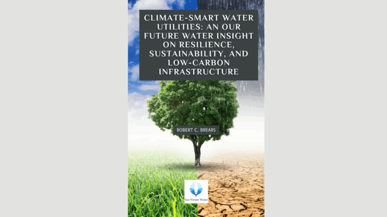 Book cover of “Climate-Smart Water Utilities: An Our Future Water Insight on Resilience, Sustainability, and Low-Carbon Infrastructure” by Robert C. Brears, featuring a green tree with contrasting rain and drought backgrounds.