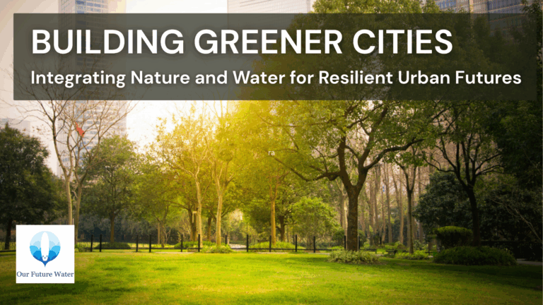 Urban park with trees and grass against a backdrop of city buildings, symbolizing nature-based solutions and blue-green infrastructure in resilient cities.