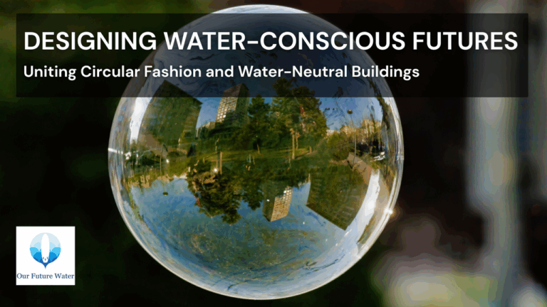 Water droplet reflecting city buildings and greenery, symbolizing water-conscious design in fashion and architecture.