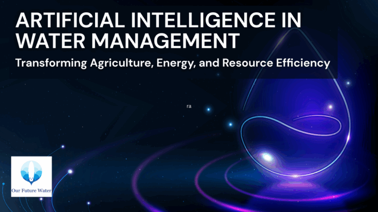 Digital illustration with glowing water droplet and connected light patterns, symbolizing AI-driven innovation in water management and efficiency.