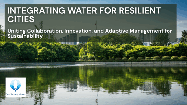 Urban lake with green trees in the foreground and buildings in the background, overlaid with the title “Integrating Water for Resilient Cities” and the Our Future Water logo.