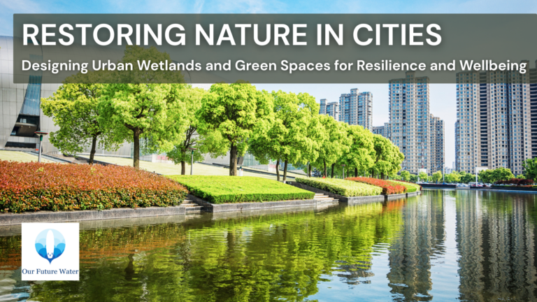 Urban wetland and green park integrated into a city landscape, illustrating nature-based solutions for resilient and liveable cities.