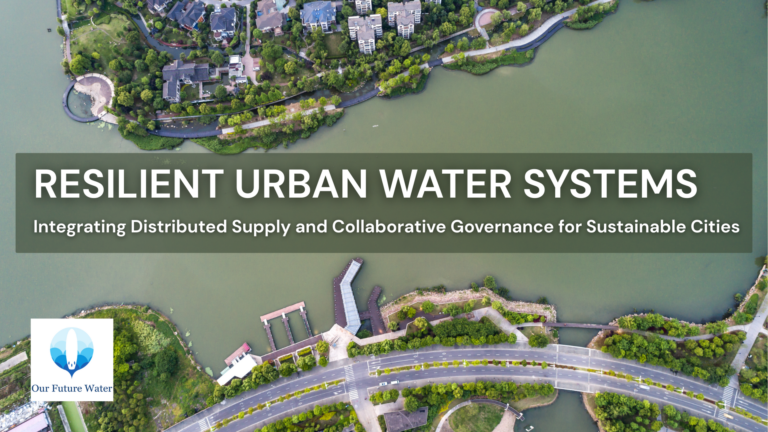 Aerial view of an urban water system integrating waterways, green infrastructure, and surrounding residential development.