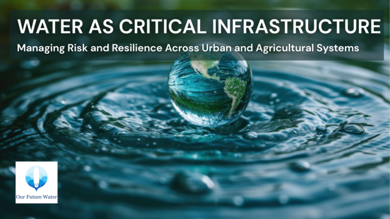 Globe resting on rippling water symbolising water as critical infrastructure for urban and agricultural resilience.