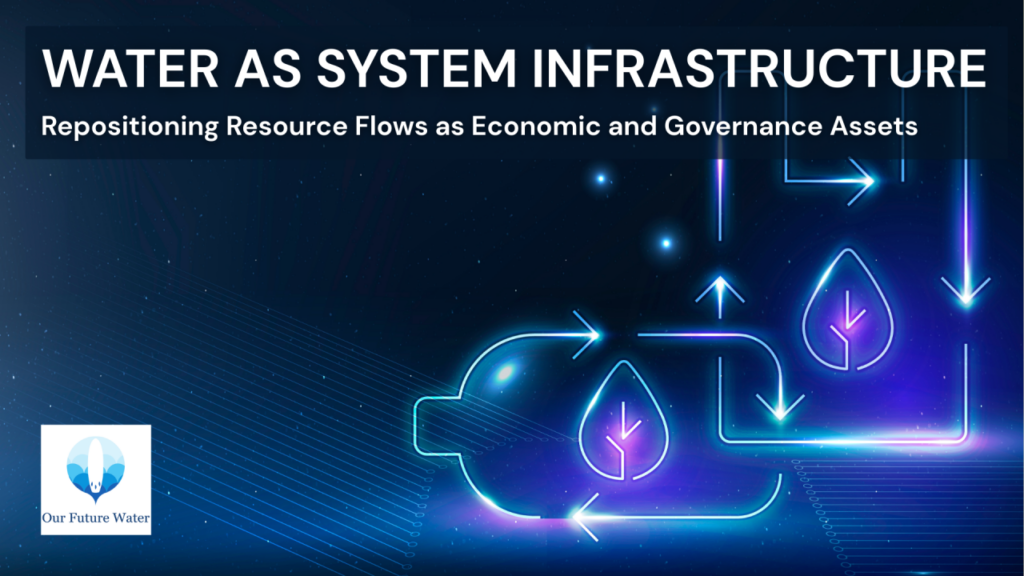 Conceptual illustration showing water as system infrastructure, with interconnected flows representing governance, resource exchange, and urban water resilience.