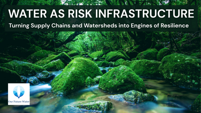 Protected forest watershed with flowing stream illustrating source water protection and preventive water governance for urban resilience
