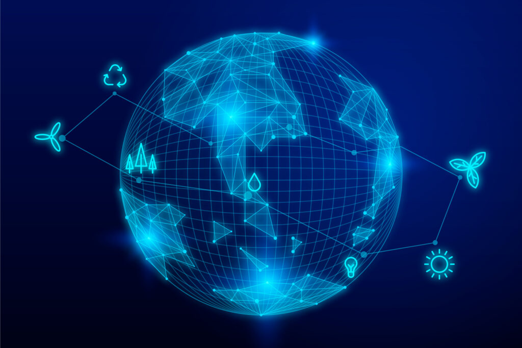 Digital globe network with water, energy, and sustainability icons representing smart water governance and infrastructure analytics