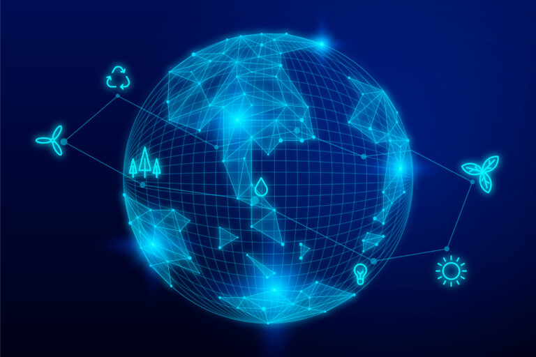Digital globe network with water, energy, and sustainability icons representing smart water governance and infrastructure analytics
