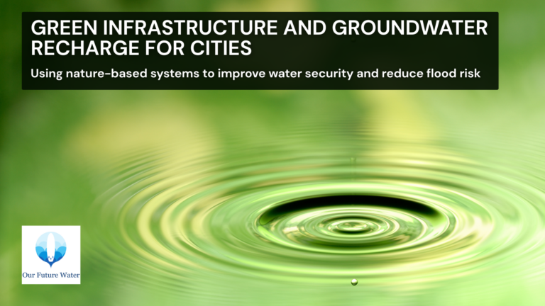 Banner image showing water ripples with text about green infrastructure and groundwater recharge for cities to improve water security and reduce flood risk.