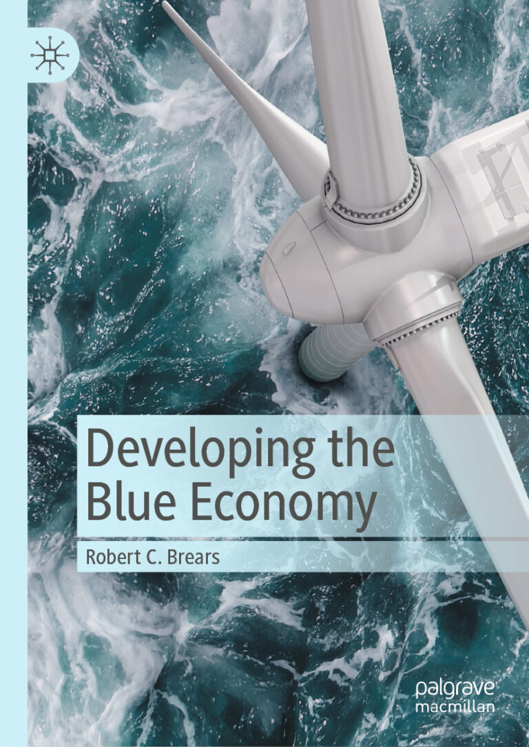 Offshore wind turbine above ocean waters representing sustainable Blue Economy development and marine innovation.
