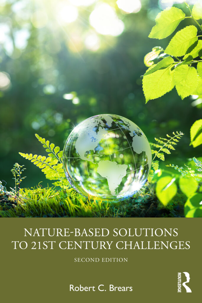 Book cover featuring a glass globe surrounded by green vegetation symbolizing nature-based solutions, climate resilience, and sustainable development.