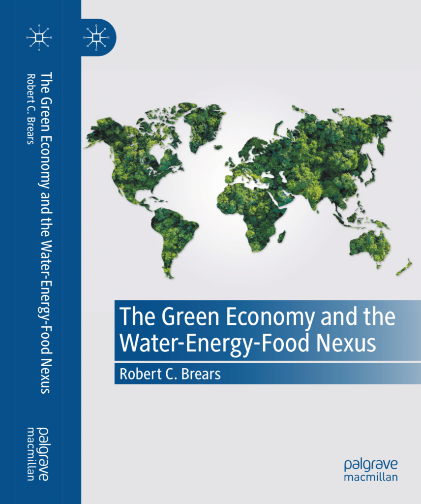 Book cover for The Green Economy and the Water-Energy-Food Nexus featuring a global forest map symbolizing sustainable resource management.