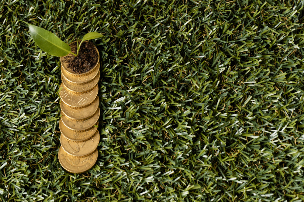 Stacked coins with a growing plant symbolizing blended finance and sustainable investment in resilient water infrastructure