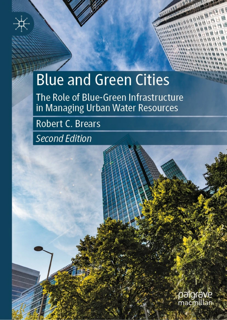 Book cover showing modern city skyline with greenery illustrating blue-green infrastructure for sustainable urban water management