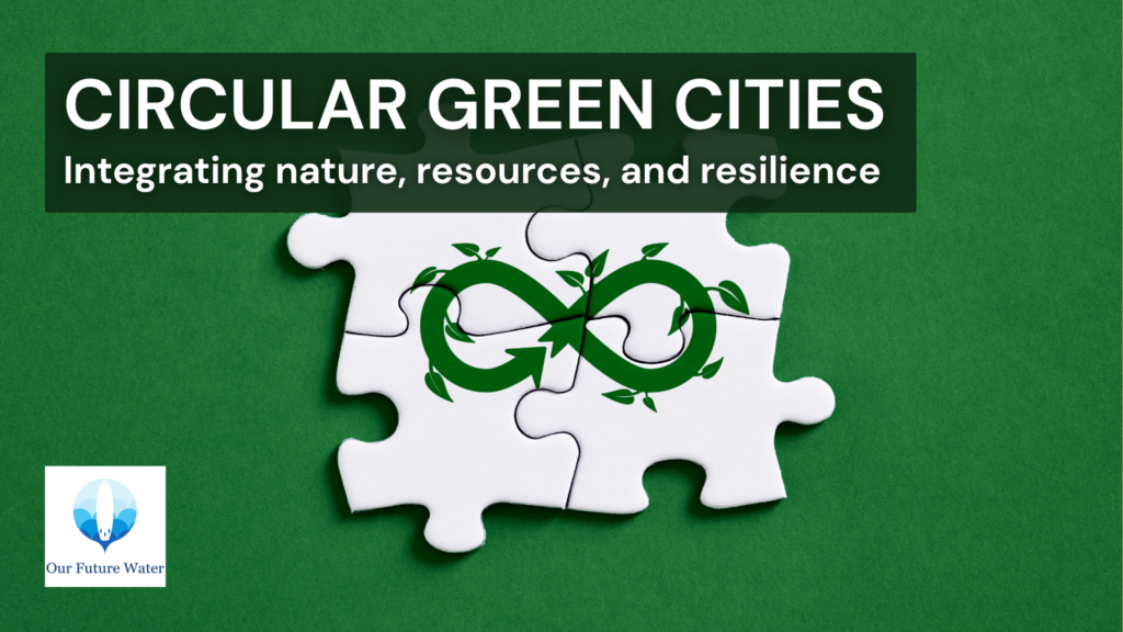 Illustration representing circular green cities with interconnected puzzle pieces and a circular economy symbol, highlighting nature integration, resource efficiency, and urban resilience.