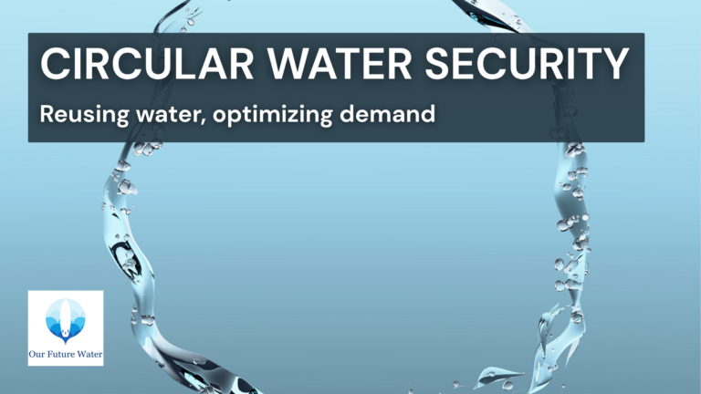 Graphic illustrating circular water security through reclaimed water systems, water reuse, and demand management strategies that optimize water consumption.
