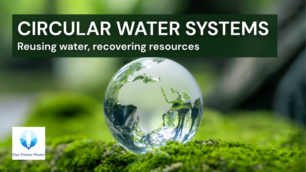 Circular water systems concept image showing a glass globe on moss with text about reusing water and recovering resources.