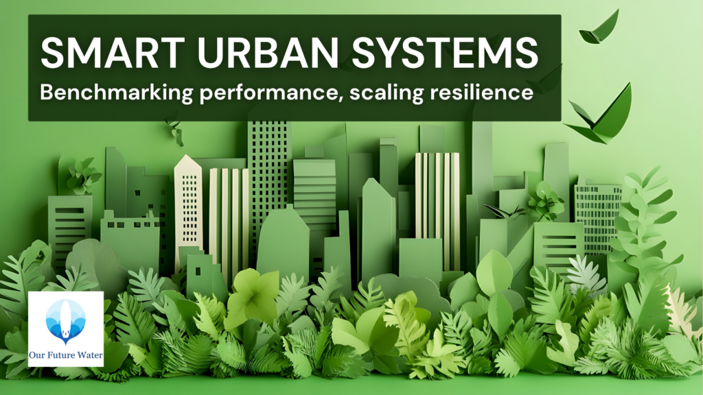 Illustration of urban water resilience strategies combining building benchmarking programs, water and energy efficiency measures, and nature-based infrastructure.