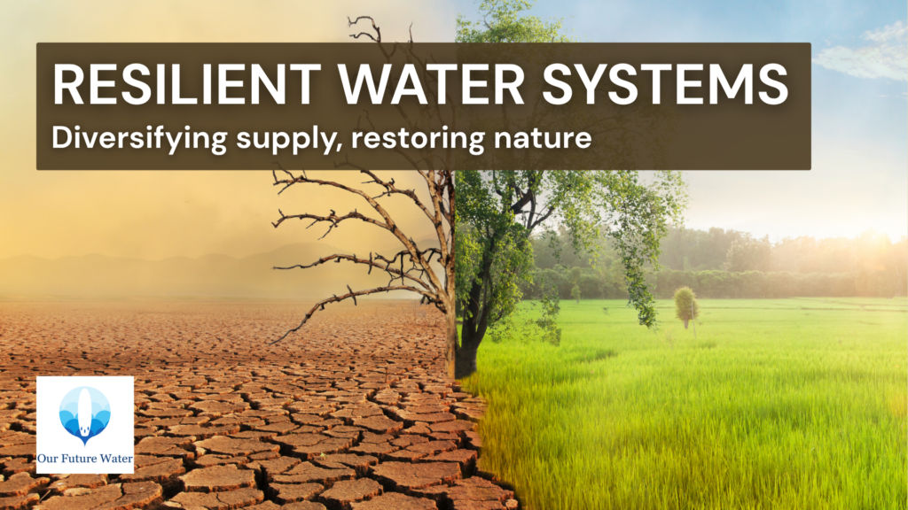 Illustration of climate-resilient water infrastructure integrating alternative water sources with wetlands, green infrastructure, and urban water systems.