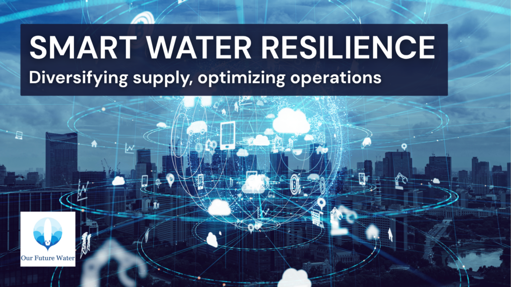 Illustration of climate-resilient water management featuring water reuse, smart sensors, digital twins, and sustainable water infrastructure.