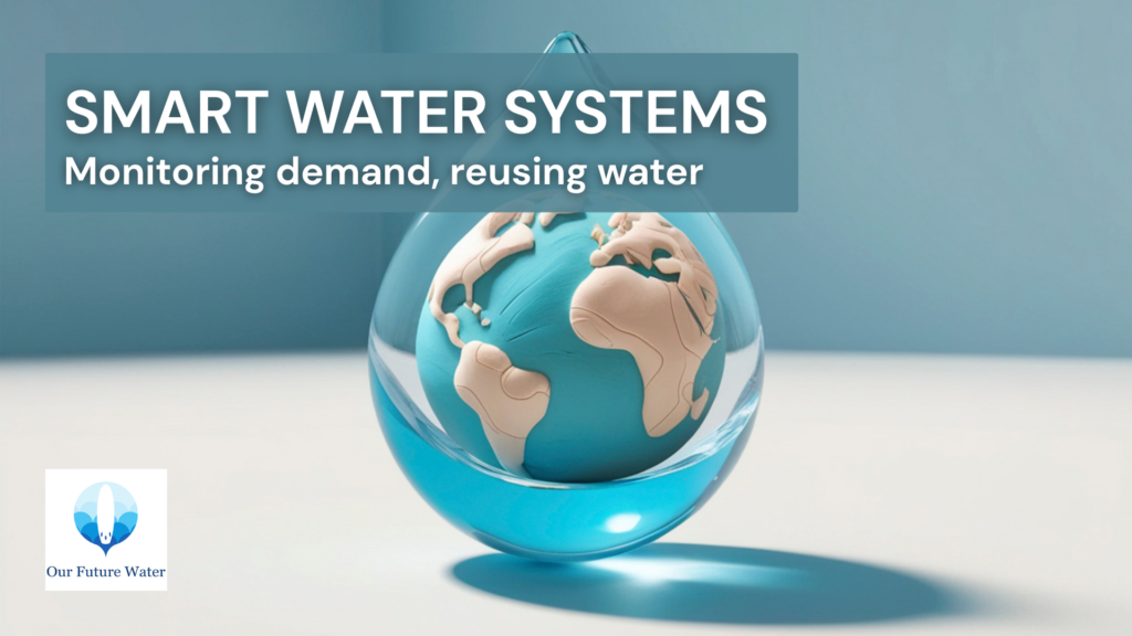 Illustration of smart water metering and onsite water reuse working together to improve urban water resilience, demand management, and sustainable water security.