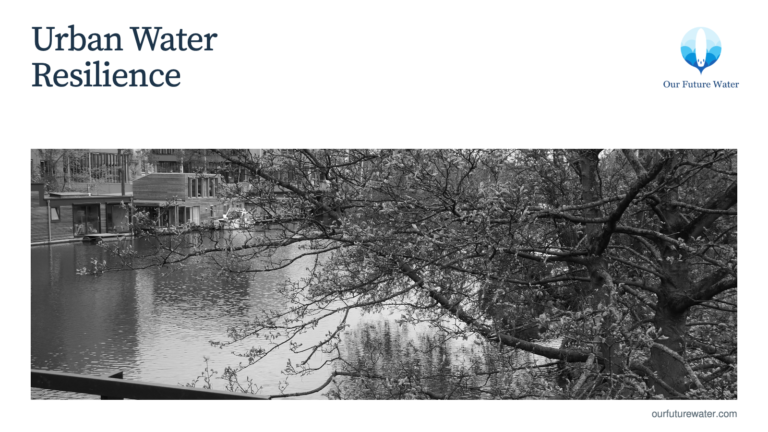 Monochrome photograph of an Amsterdam canal bordered by trees and buildings, beneath the headline Urban Water Resilience. Illustrative urban landscape, not a documented grant installation.